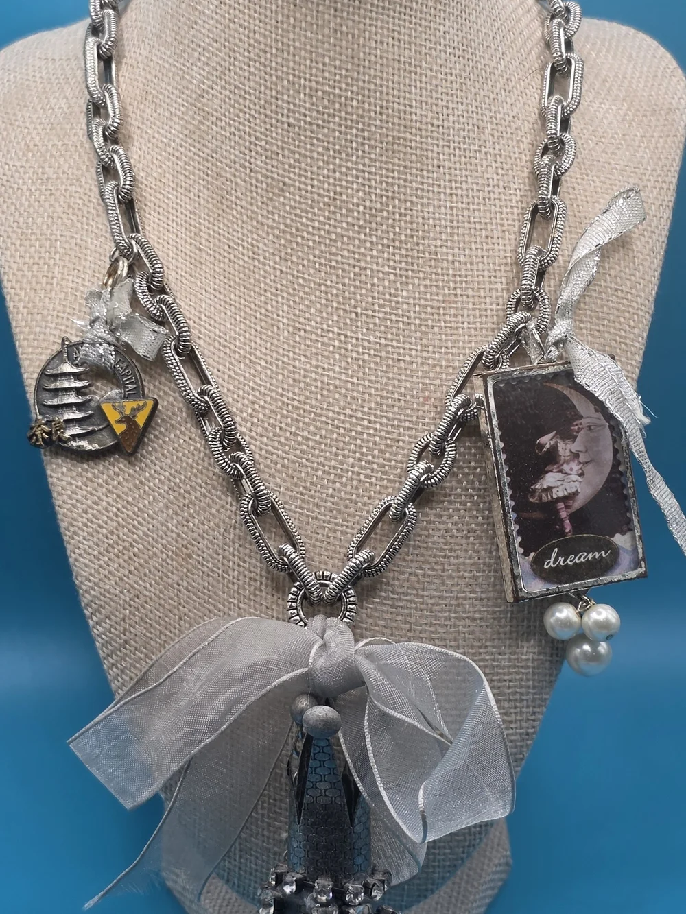 Silver-Tone Charm Necklace with Sheer Gray Bow and Pearl Drops